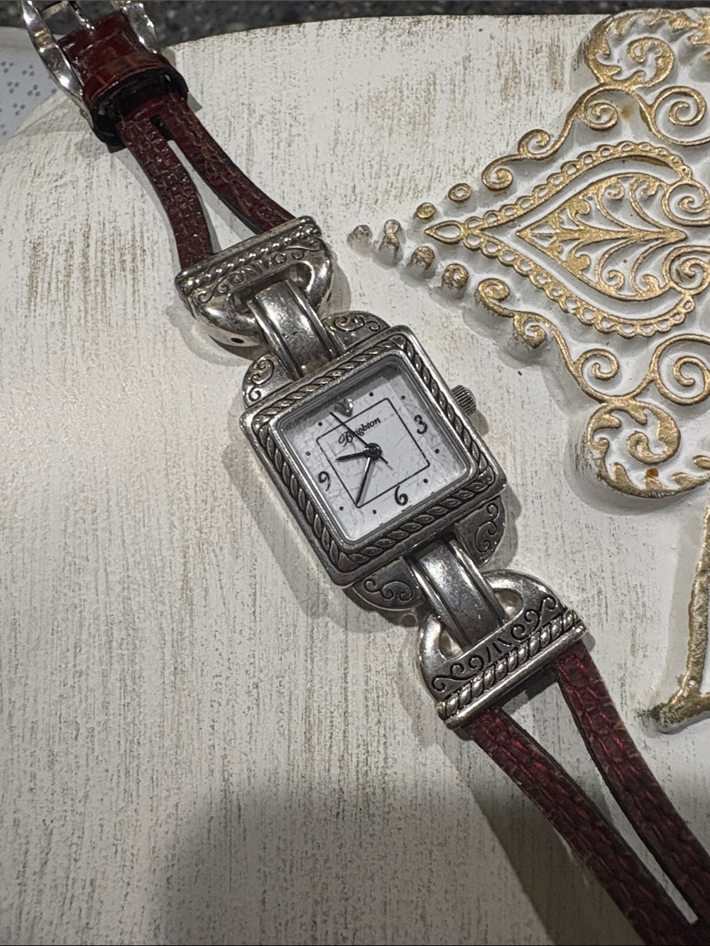 Brighton Silver Engraved Square Dial Watch Brown leather Strap